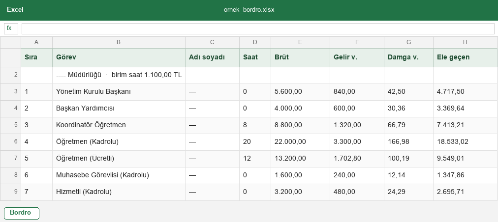 Kişi adı olmayan çocuk kulübü bordro Excel örneği
